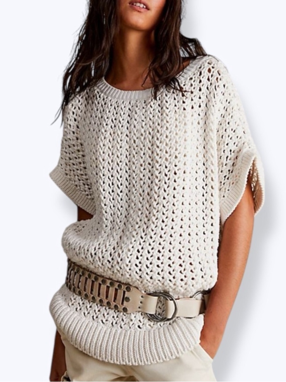 Free People We the Free Sophia Chunky Open Knit Sweater Tee cream medium